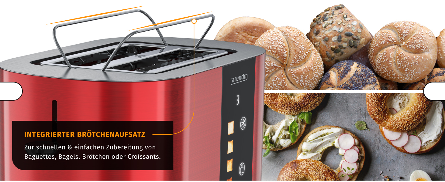 Тостер Arendo з нержавіючої сталі, 2 відділення, сенсорний дисплей, подвійні стінки, 800 Вт, підставка для тостів, 6 рівнів підсмажування, центрування хліба, індикатор часу, функція пам'яті (колір: кармінний)
