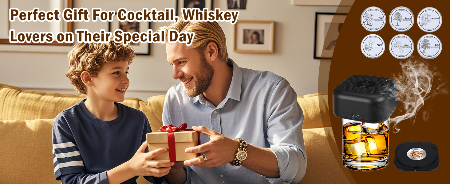 Електричний набір для копчення коктейлів та віскі з 6 дерев'яними стружками. Безпаливний аксесуар для напоїв. Подарунок для чоловіка/батька