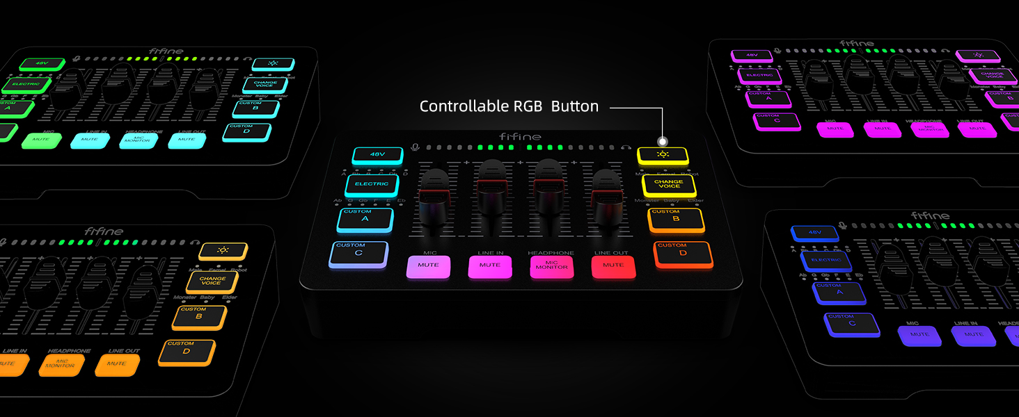 FIFINE ігровий аудіомікшер для ПК, RGB звукова карта для XLR мікрофона, аудіоінтерфейс для стрімінгу та музикантів, мікшерний пульт для геймерів і креаторів, індивідуальне керування, зміна голосу, чорний