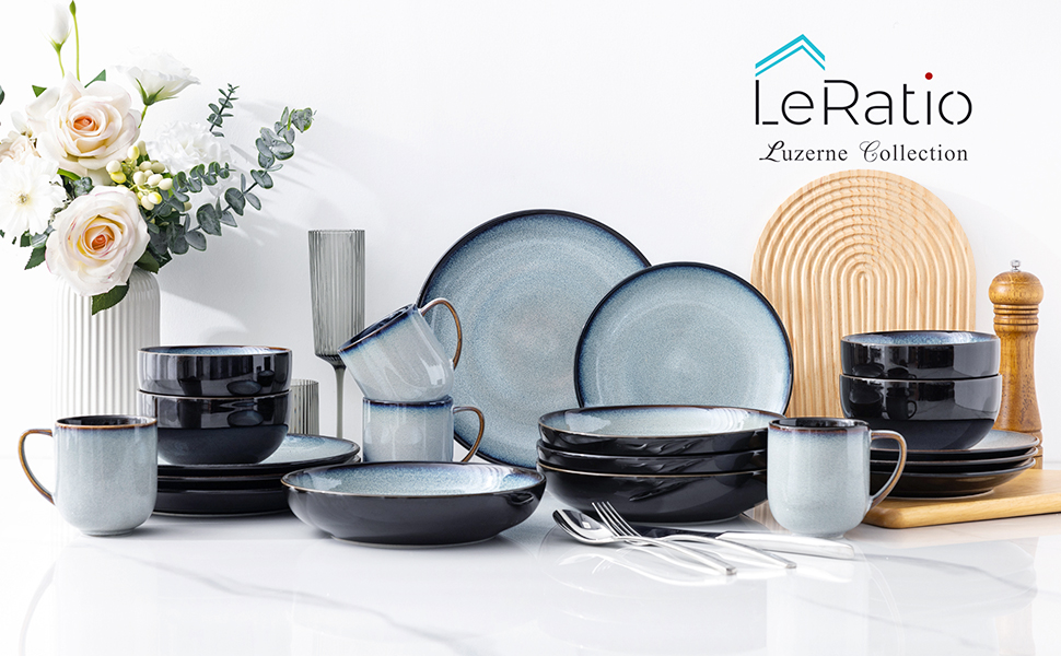 Набір посуду LeRatio для 8 осіб: 24-елементний набір посуду з кераміки з реактивною глазур'ю, стійкий до подряпин, набір тарілок та мисок, придатний для миття в посудомийній машині та використання в мікрохвильовій печі (Ozeanblau, 18 частин)