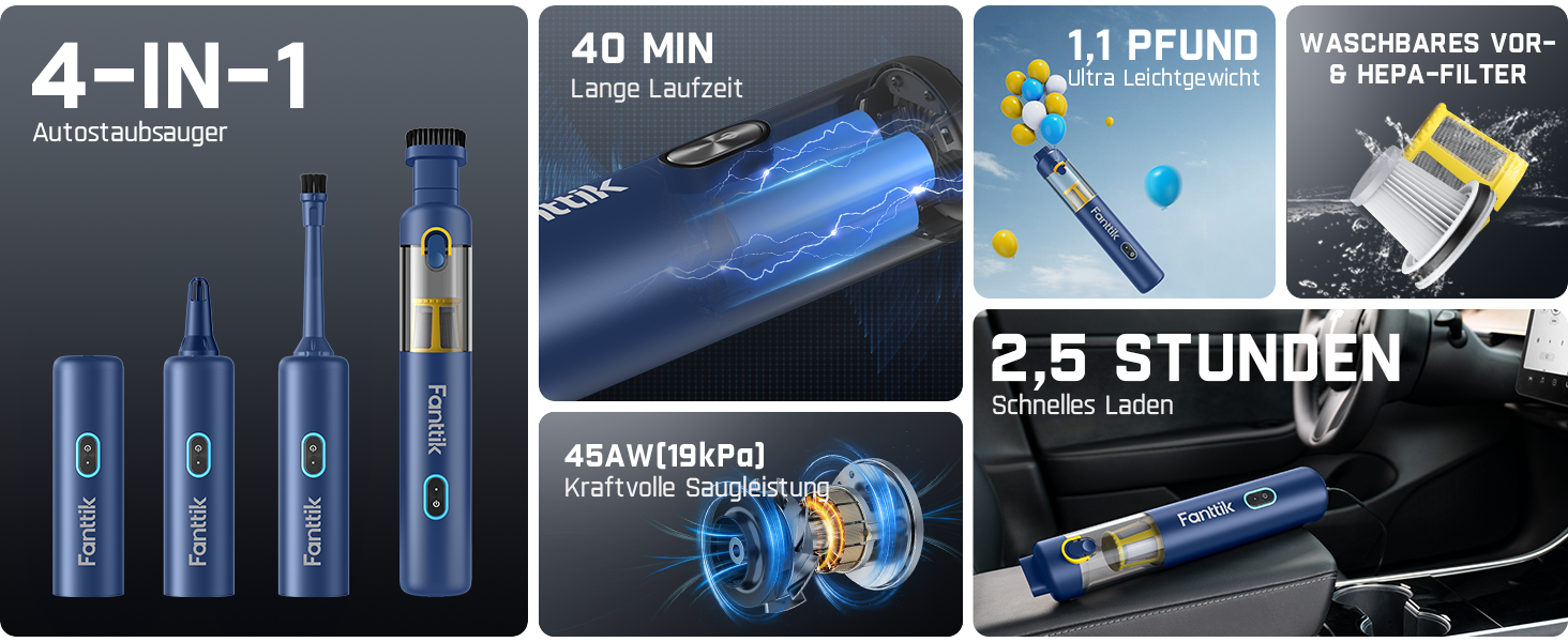 Автомобільний пилосос Fanttik Slim V8 APEX 4-в-1, портативний міні-пилосос з потужністю 19000 Па/45 Вт, 2 режими, для авто, офісу, клавіатури (Синій)