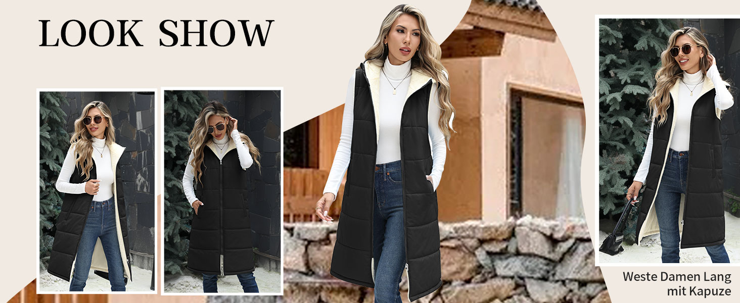 Жіноча довга жилетка Vancavoo з капюшоном на осінь/зиму: степкова, без рукавів, з флісовою підкладкою, тепла, чорна, розмір L