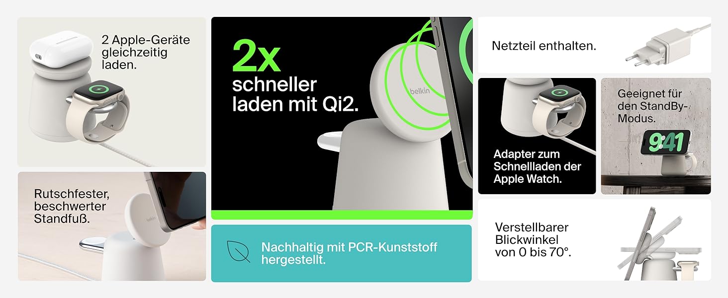 Belkin BoostCharge Pro 2-в-1: Бездротова зарядка Qi2 15W MagSafe для iPhone, Apple Watch, AirPods – Пісочний колір