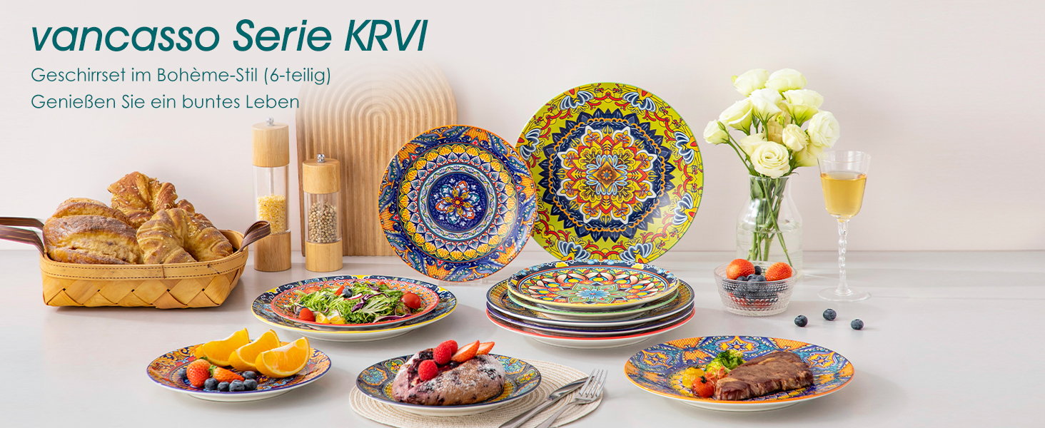 Набір посуду з порцеляни Vancasso 18-Piece для 6 осіб (6 великих тарілок, 6 десертних тарілок, 6 салатників), Boho серія KRVI