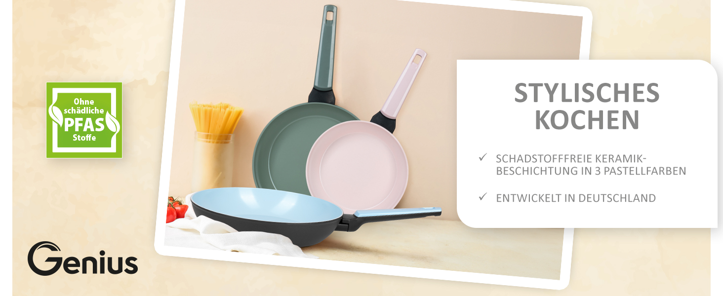 Набір сковорідок Genius Cerafit Trend Pastell Edition (3 шт.): 20 см, 24 см, 28 см. Покриття Cerafit, підходить для індукції, для смаження м'яса, овочів, панкейків та крепів.