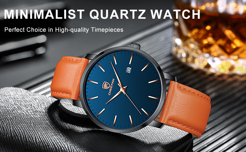 Чоловічий годинник CHEETAH Minimalistische, аналоговий кварц, водостійкий 3 ATM, з шкіряним ремінцем, з датою, спортивний годинник для молоді, коричневий/чорний/синій