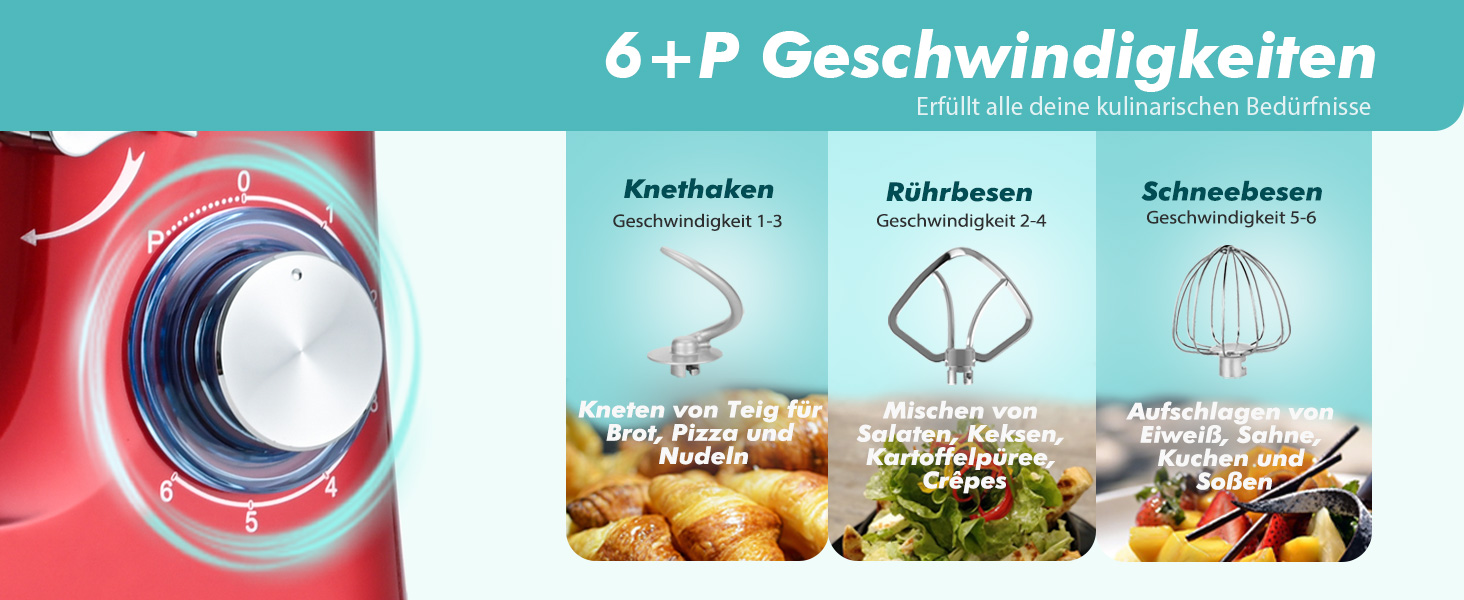 Кухонна машина Küchenmaschine 6.2 л, 1400 Вт, 6 швидкостей з набором насадок (міксер, гак для тіста, вінчик)