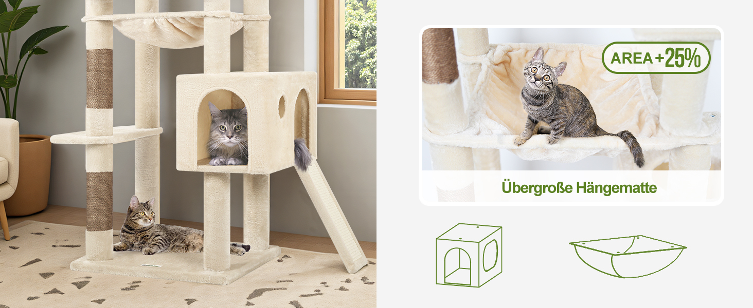 Драбина-кіготь Globlazer Kaktus (178 см) для котів: велика, з гамаком, будиночком та сходами з сизалю. Підходить для 2-4 великих котів. Колір: зелений (F70 Pro)