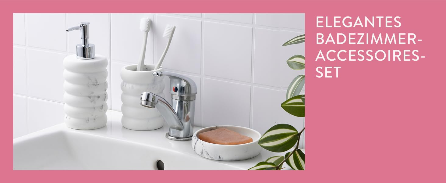 Набір для ванної кімнати Navaris: дозатор мила, стакан для зубної пасти, 3 предмети. Аксесуари для ванної кімнати з штучного каменю (білий)