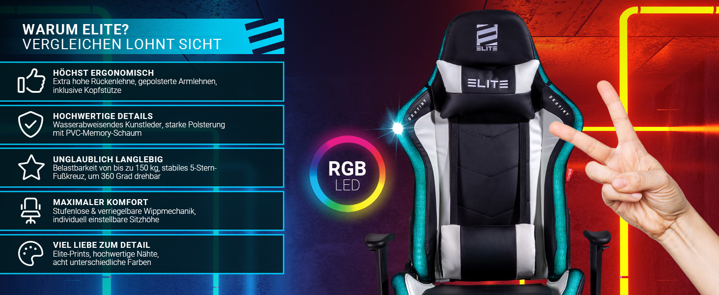 Геймерське крісло ELITE LED Destiny: ергономічне офісне крісло з RGB підсвіткою, штучна шкіра (чорно-біле)