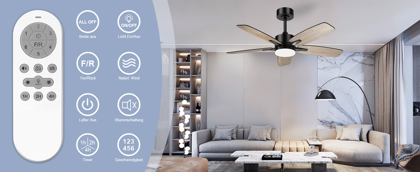 Стелянка вентилятор 106 см з підсвіткою та двосторонніми лопатями, тихий вентилятор з LED-лампою та пультом керування, для спальні та вітальні, DC мотор, штанга темне дерево