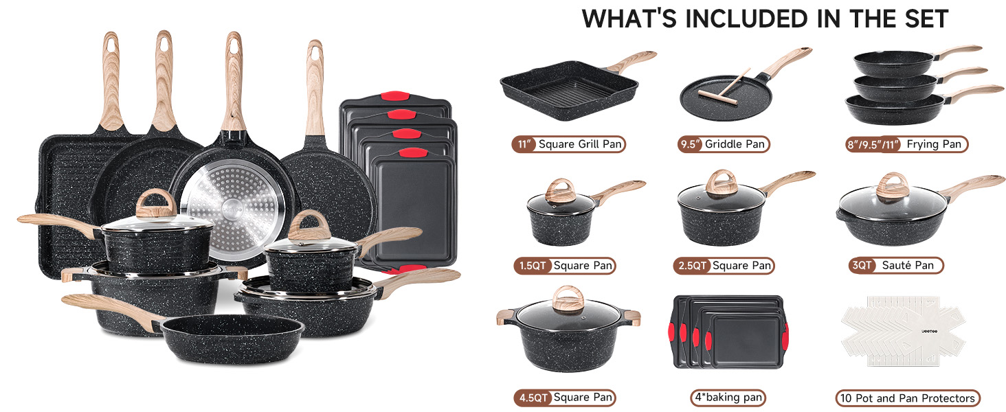 JEETEE 23-Piece Nonstick Granite Cookware Set - Induction Compatible, Pink Cookware Set for All Cooktops - Perfect Housewarming Gift