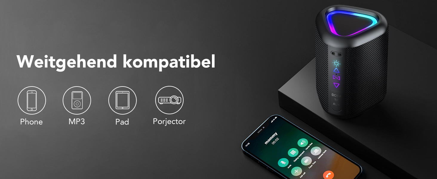 Портативна Bluetooth колонка Aowoka з підсвічуванням, 30 Вт, водонепроникна IPX7, покращений бас, для відпочинку, спорту та подорожей. Чорний коленсовий матеріал