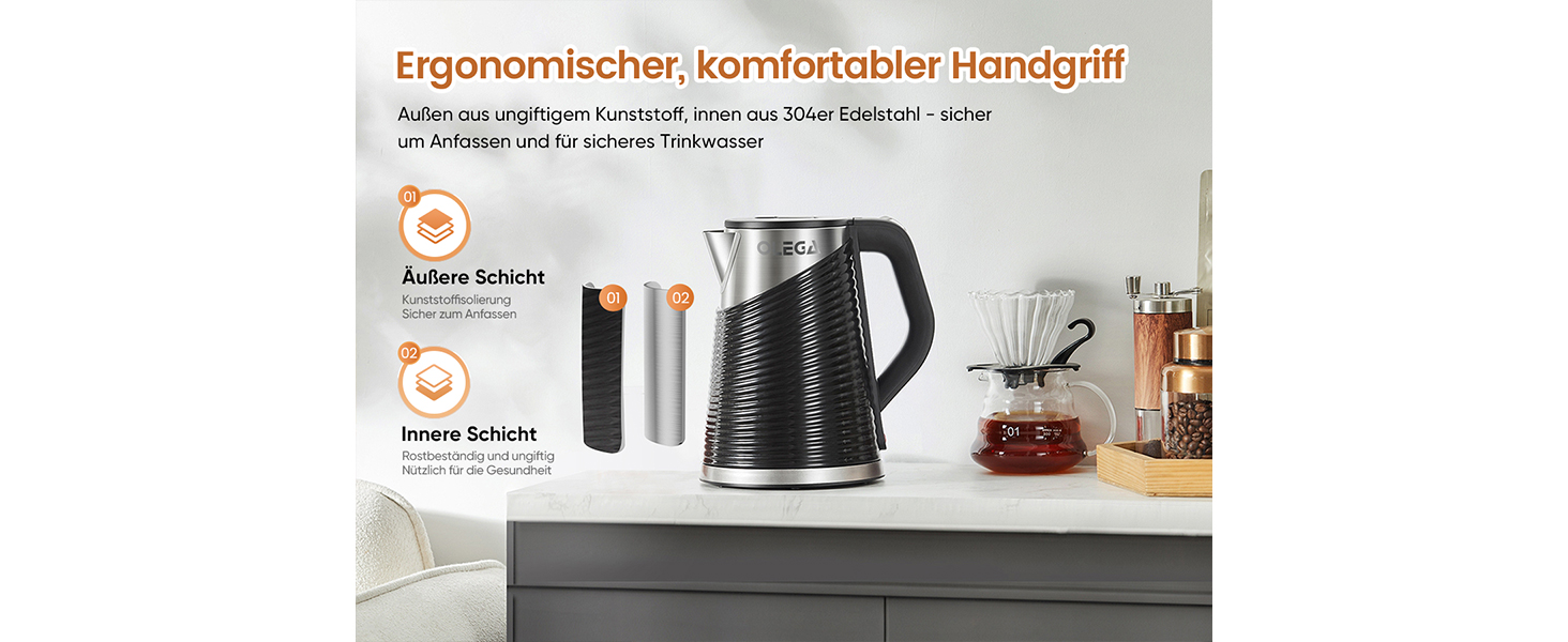 Електричний чайник OLEGA 1.8 л, 1800 Вт, швидкий нагрів, чорний, BPA Free