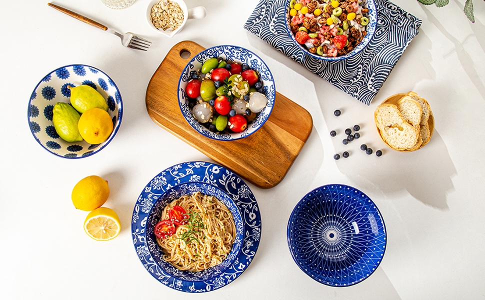 Набір супових тарілок з кераміки (6 шт.) - 709 мл, глибокі миски для каші, салату, пасти, десерту - кераміка, блакитний вінтаж