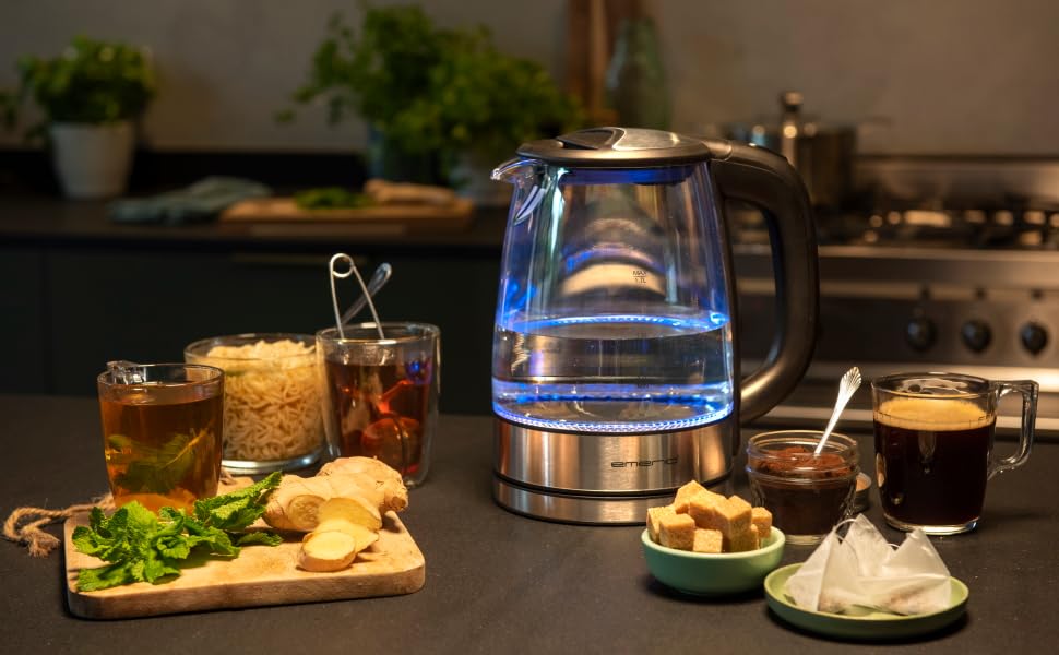 Електричний чайник EMERIO з боросилікатного скла, 1.7 л, синя LED-підсвітка, 2200 Вт, 360° підставка, без BPA