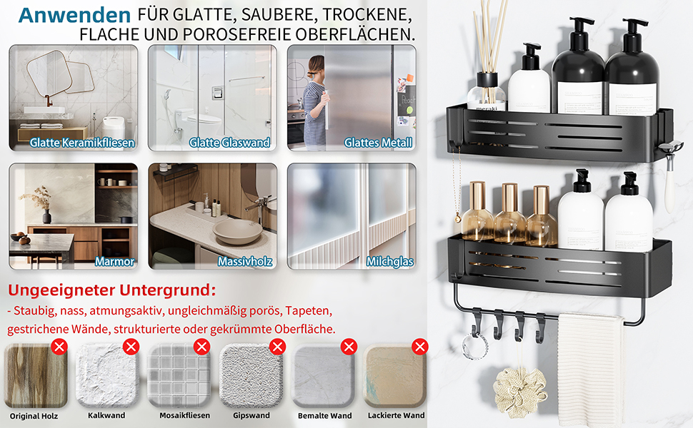 Двошаркова полиця для душу без свердління з присосками, вологостійка, чорна. Організатор для ванної кімнати з тримачем для рушників, шампуню та гелю для душу. Кутова полиця для душу з гачками, 2 шт.