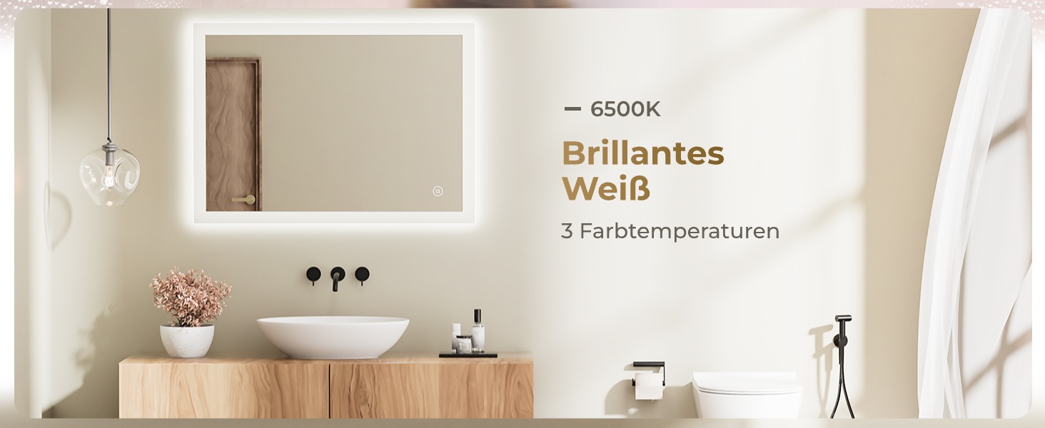 Дзеркало для ванної кімнати з підсвічуванням LED 80x60 см, регульоване, 3 кольори світла (3000K/4000K/6500K), антизапарник, вертикальна/горизонтальна установка, без збільшення 3x