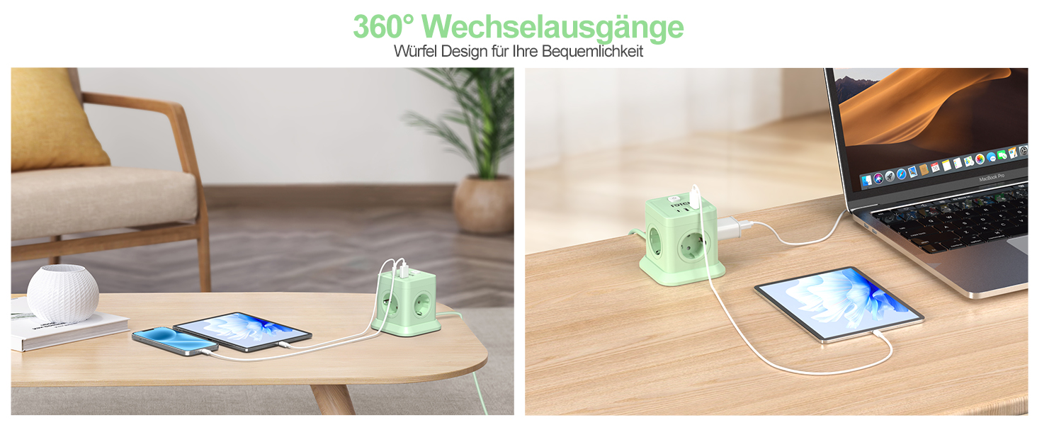 Мережевий адаптер FDTEK 7-в-1 з USB-C та USB-A, 4 розетки, 2500W/10A, куб з вимикачем, 1.8м кабель