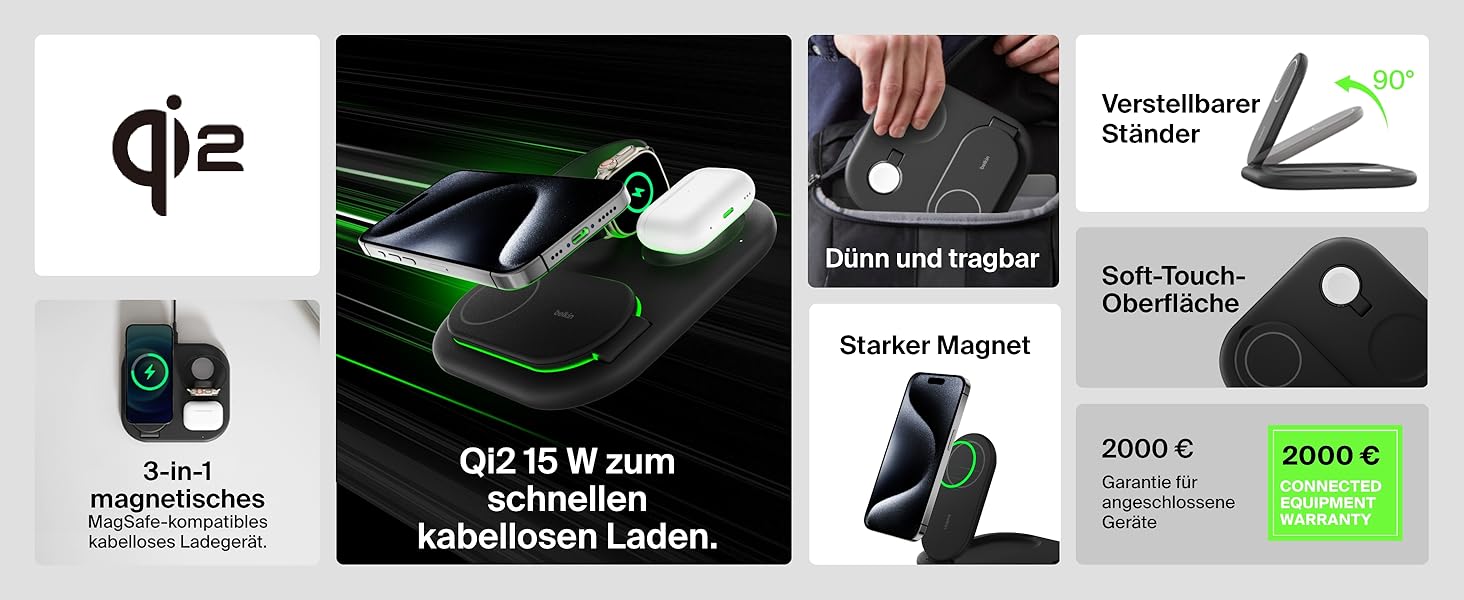 Зарядний пристрій Belkin BoostCharge 3-в-1 з підтримкою MagSafe Qi2, 15 Вт, складаний підставка для iPhone, Apple Watch, AirPods, з адаптером живлення – Чорний