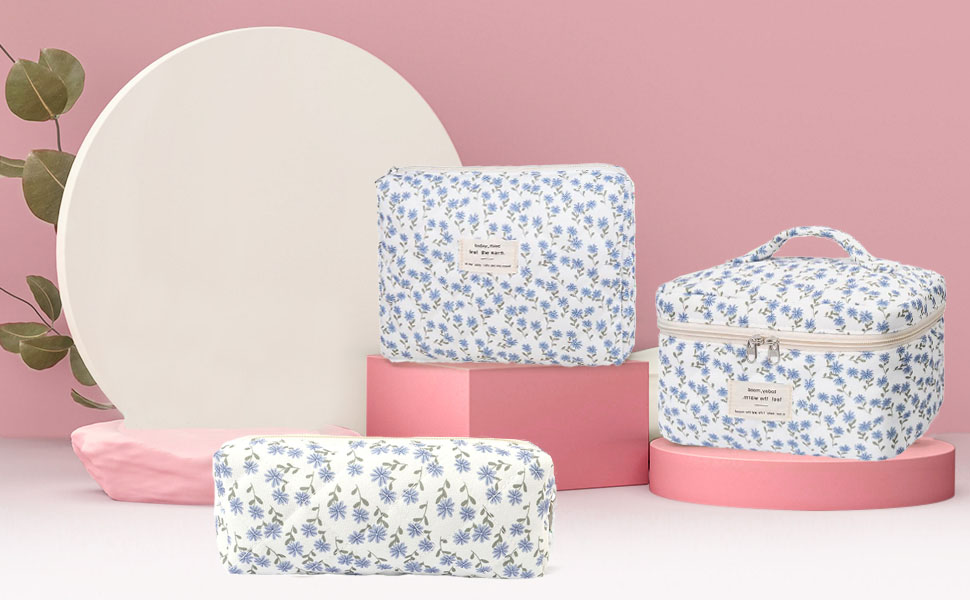 Набір косметичок з квітами для дівчаток, набір культуртреш для жінок, степкова косметичка для макіяжу, бавовняний культуртреш, косметичка Coquette, естетичні речі Clean Girl, косметична сумка (біло-рожева стрічка)