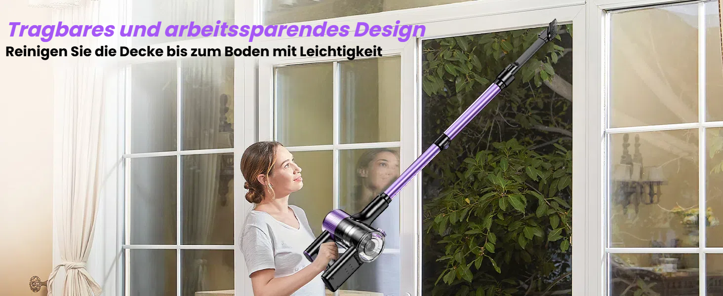 Бездротовий акумуляторний пилосос 45000 Па/500 Вт/45 хв з LED-дисплеєм та щіткою проти намотування, висувний шланг 73 см для твердих поверхонь, килимів, шерсті тварин, фіолетовий