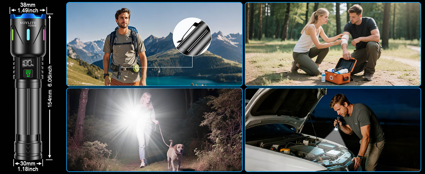 Ліхтар LED акумуляторний 500000 люмен, надпотужний з акумулятором 5000 mAh, LCD-індикатор заряду, 3 режими, регульований фокус, для кемпінгу та відпочинку на природі, матовий чорний