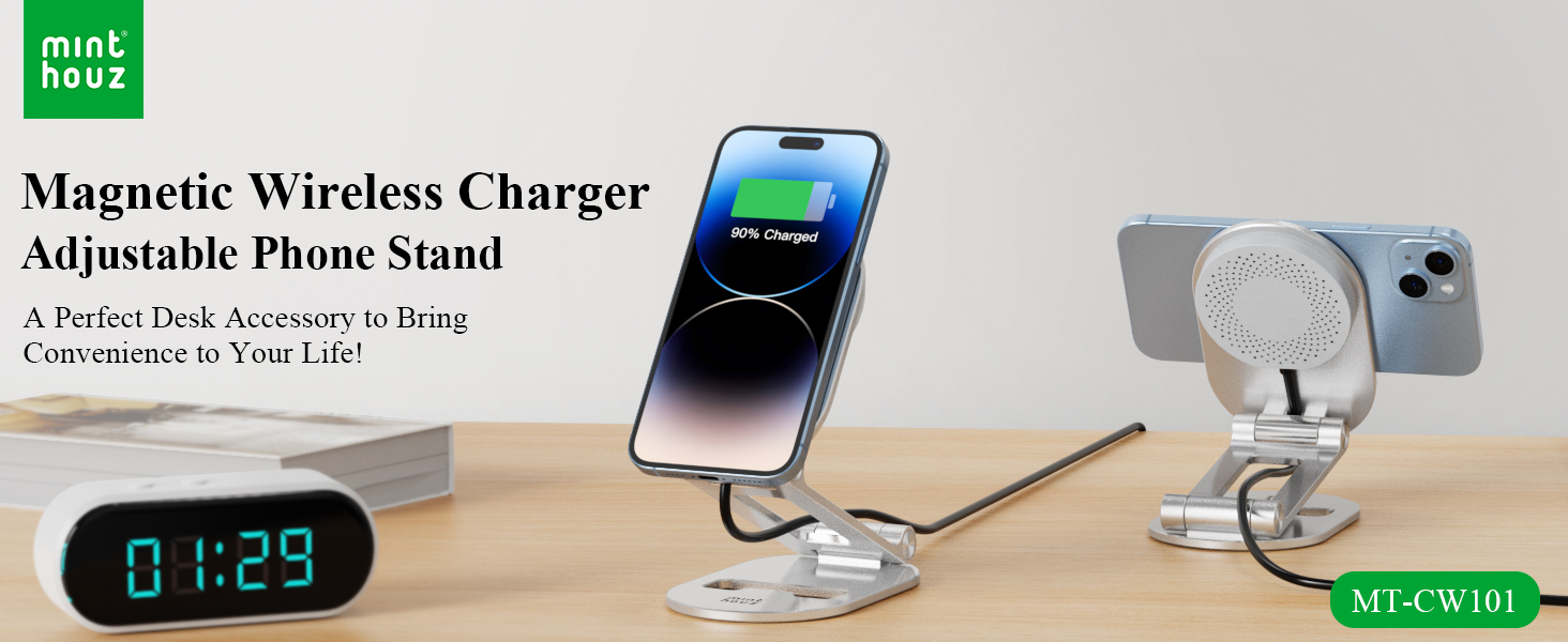 Магнітна бездротова зарядна станція Minthouz 20W USB-C: регульована підставка з алюмінію для iPhone 16, 15, 14, 13, 12 та AirPods Pro