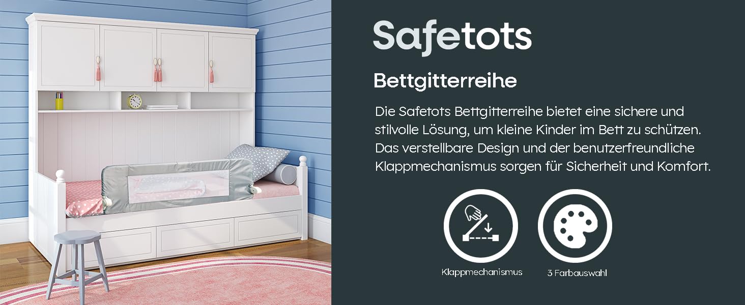 Дитяче захисне ліжкове огородження Safetots, сіре, 140×50 см – безпечний бортик для ліжка, захист для дітей, широкий металевий бар’єр