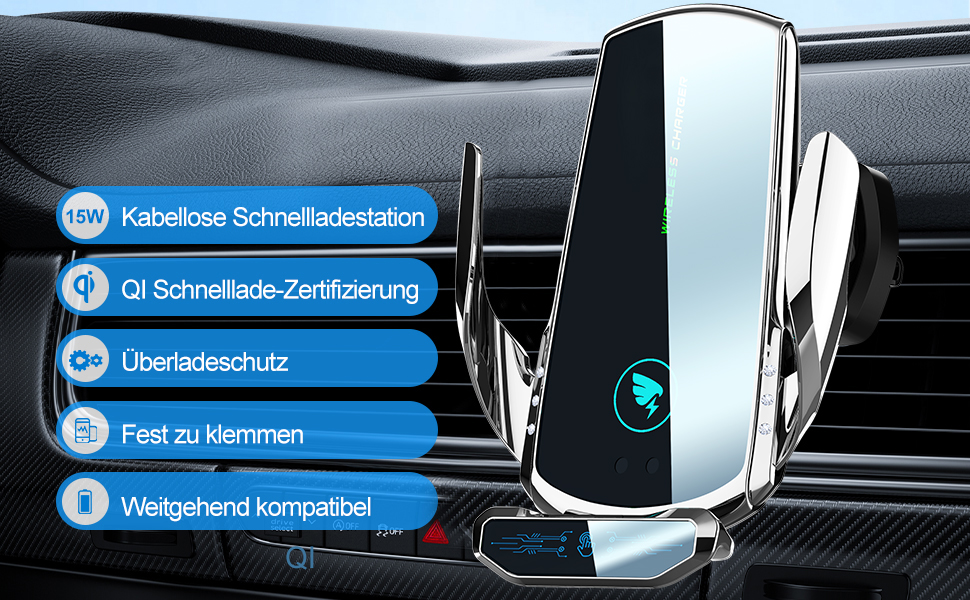 Бездротовий автомобільний зарядний пристрій AmazeFan 15W Qi, тримач для телефону, 360° обертання, сумісний з iPhone, Samsung, Huawei та іншими.