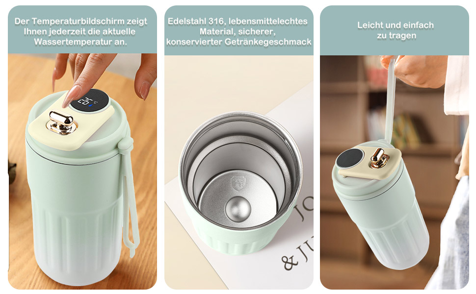 Термокружка для кави HomeAlexa з цифровим дисплеєм, 410 мл, нержавіюча сталь 316, ізольована вакуумна термокружка з кришкою, зелена