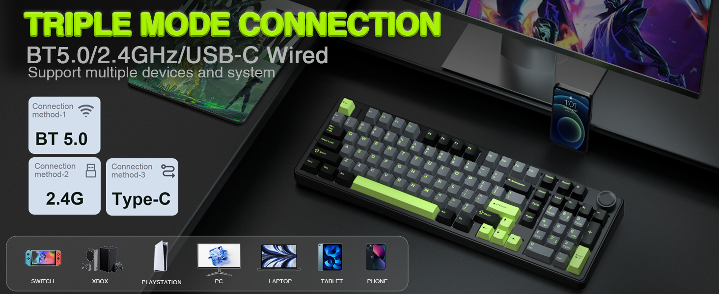 Механічна ігрова клавіатура AULA F99 Pro: RGB, Hot-swap, бездротовий 3-в-1, QWERTY, чорний градієнт