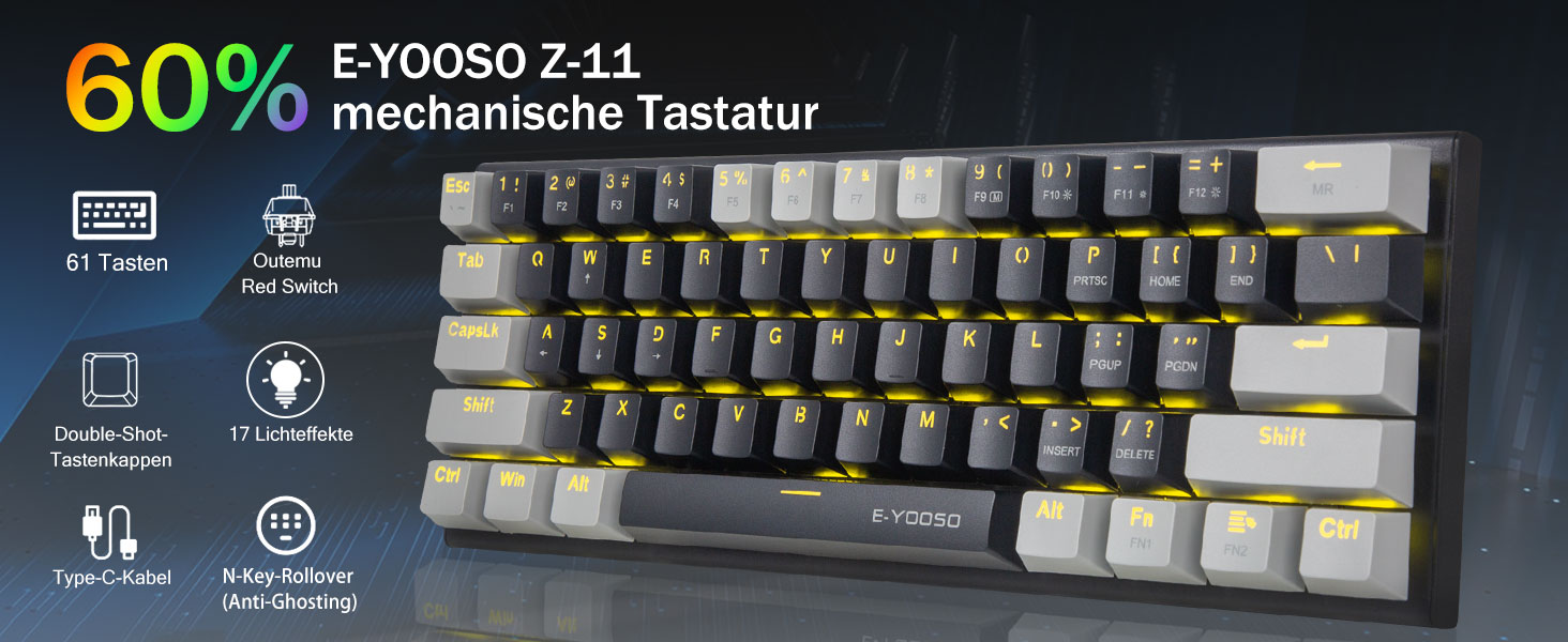 Механічна ігрова клавіатура E-Yooso Z11 61 клавіш з синіми перемикачами, 60% layout, з підсвічуванням LED, US-клавіатура (чорно-сірий)