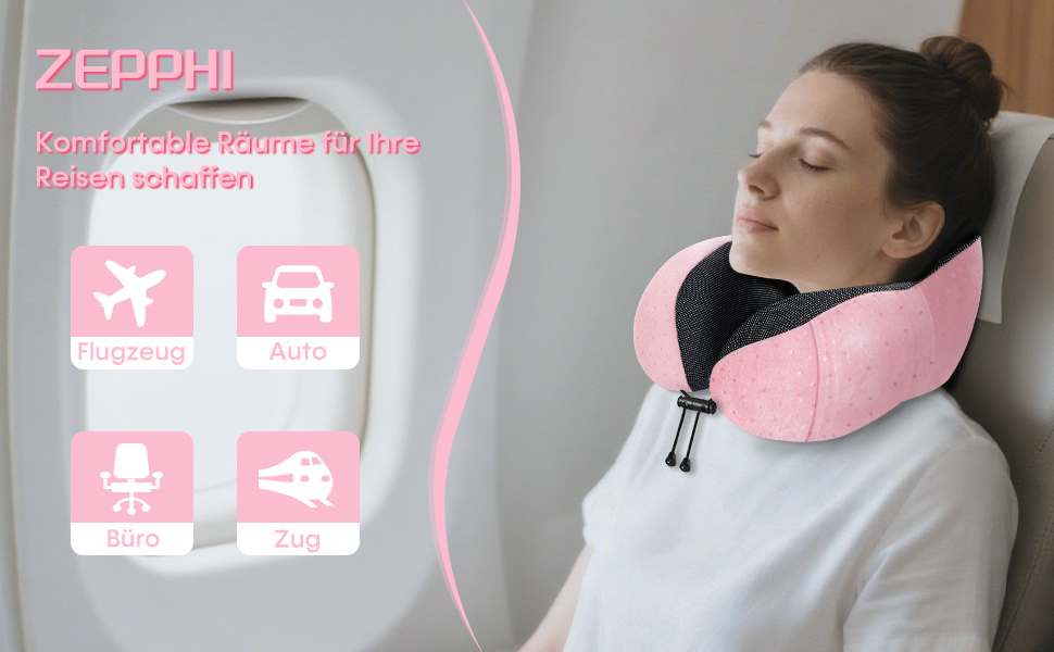 Подушка для шиї у літак - Подорожня подушка з Memory Foam - Подушка-вишенка з м'яким, дихаючим чохлом - Ідеально для кемпінгу, офісу, авто, літака, подушка для сну (Рожева)