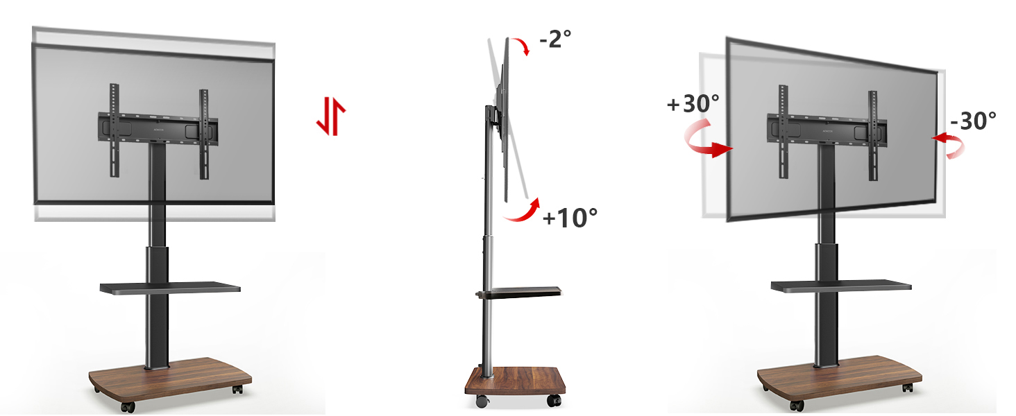 AOKCOS Rolling TV Stand with Wood Shelf - Adjustable Height & Swivel - VESA 400x400 - Holds 32-65 Inch TVs up to 40kg