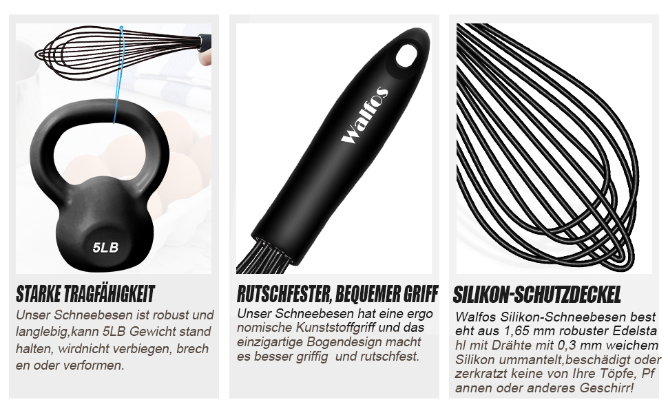 Набір вінчиків Walfos®: 3 шт. з нержавіючої сталі та силікону (21 см, 23 см, 28 см) для збивання, збивання яєць та перемішування