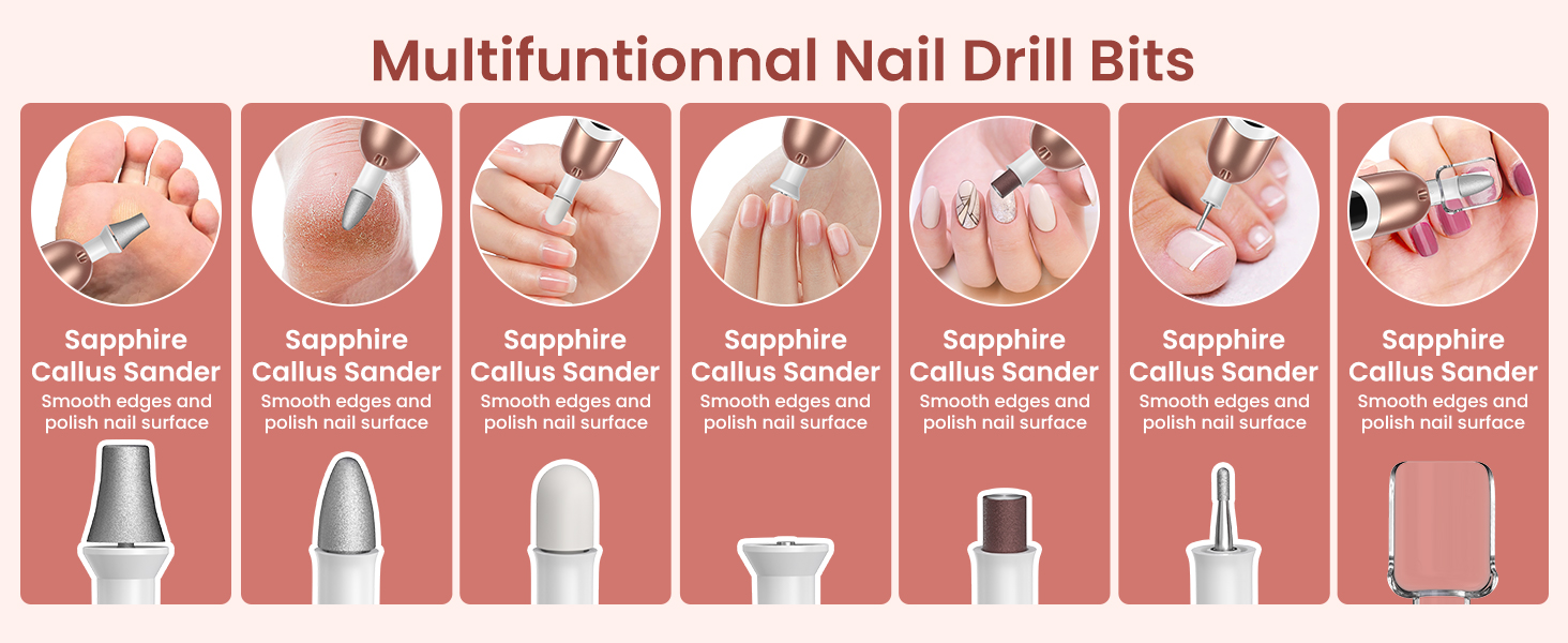 Електричний фрезер для манікюру та педикюру з 6 насадками, 10 швидкостей, LED-підсвічуванням, акумуляторний, для догляду за нігтями