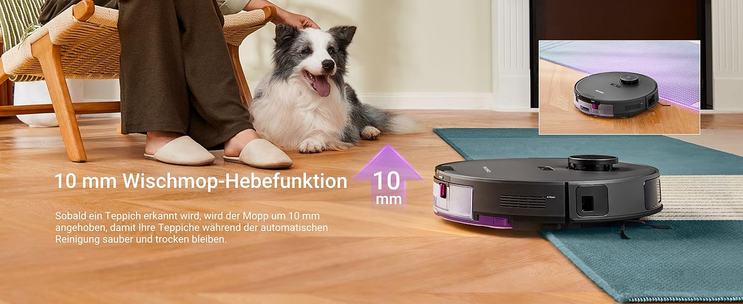 Робот-пилосос EUREKA E20 Plus чорного кольору з функцією миття підлоги, LiDAR-навігація, 4000Pa, автопідняття мопа, керування через додаток та голосовий помічник, ідеально для видалення шерсті тварин