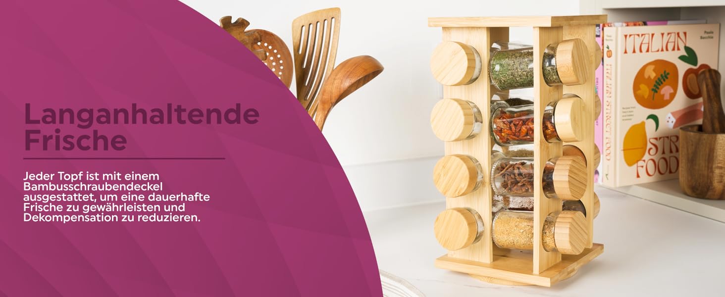 Спецівник Salter Bambus BW12777EU7 з бамбука – обертовий, 16 баночок, кришки, для зберігання спецій