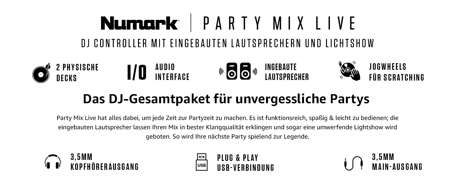 DJ контролер Numark Party Mix Live з колонками, світловим шоу, 2 деками та мікшером (Serato DJ Lite)