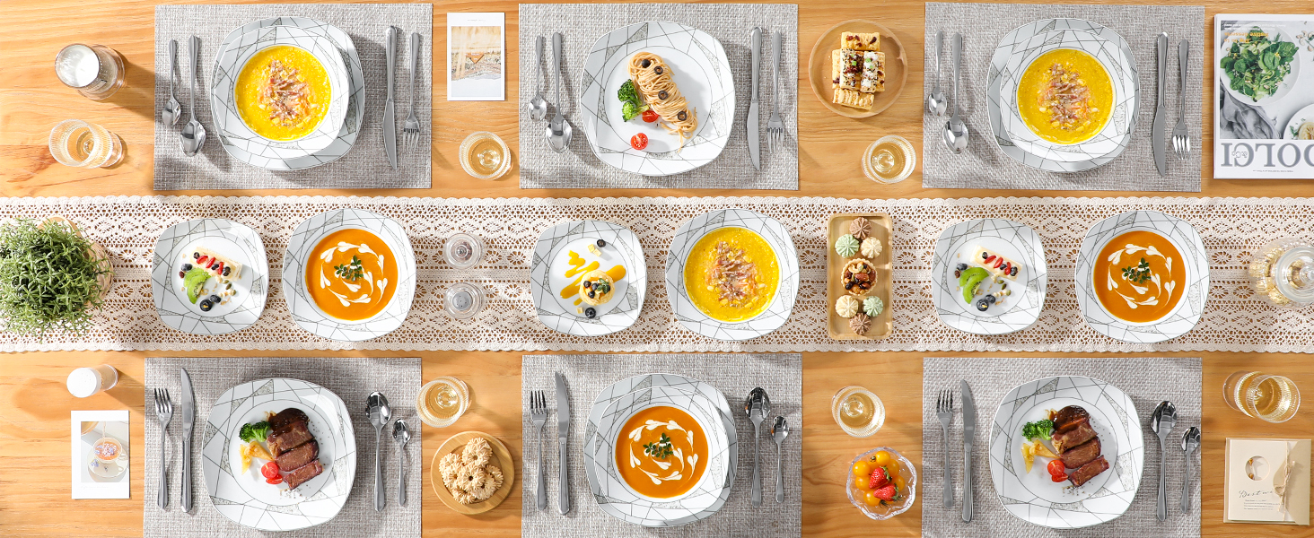 VEWEET Сервіз столовий 'Serena' з порцеляни, 24 частини | Комплект включає миски для каші, десертні тарілки, тарілки для їжі та супові тарілки | Сервіз для 6 осіб/ресторану/сім'ї (Білий, 18-частинний сервіз)