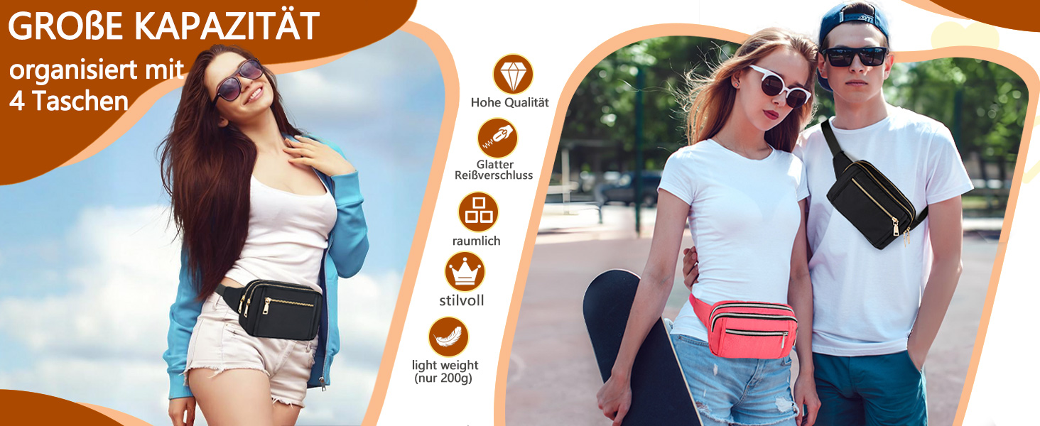 Чоловіча та жіноча поясна сумка Bauchtasche, стильна сумка на пояс для фестивалю, з регульованим ремінком та кількома кишенями, чорна. Підходить для бігу, спорту, прогулянок з собакою.