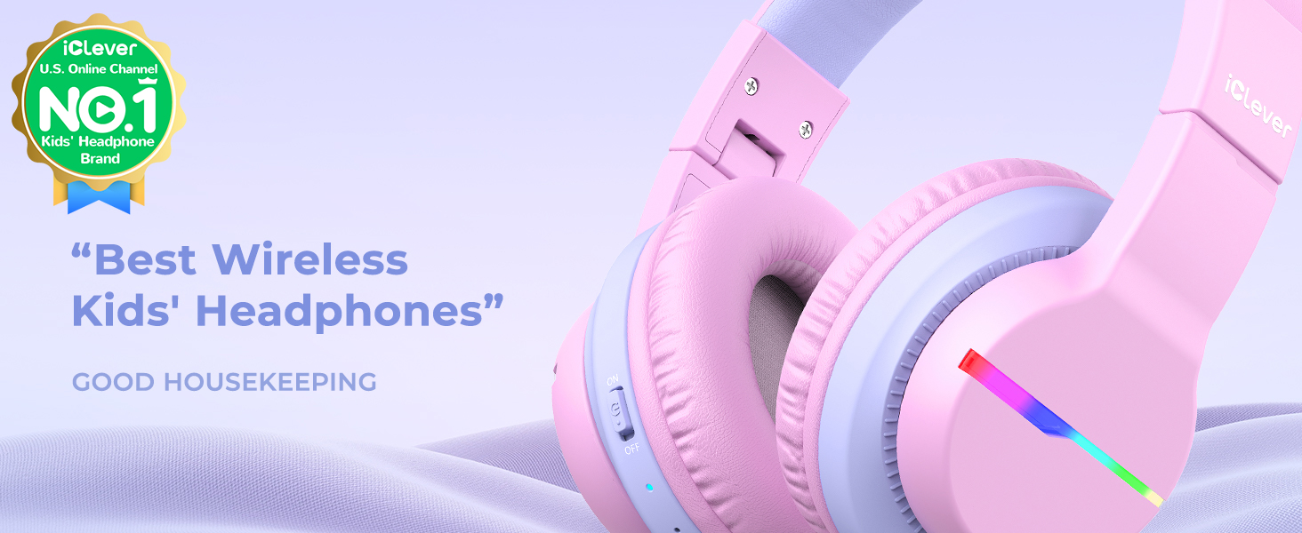 iClever Бездротові навушники для дітей з LED-підсвіткою, Over-Ear, Bluetooth 5.2, мікрофон, рожеві