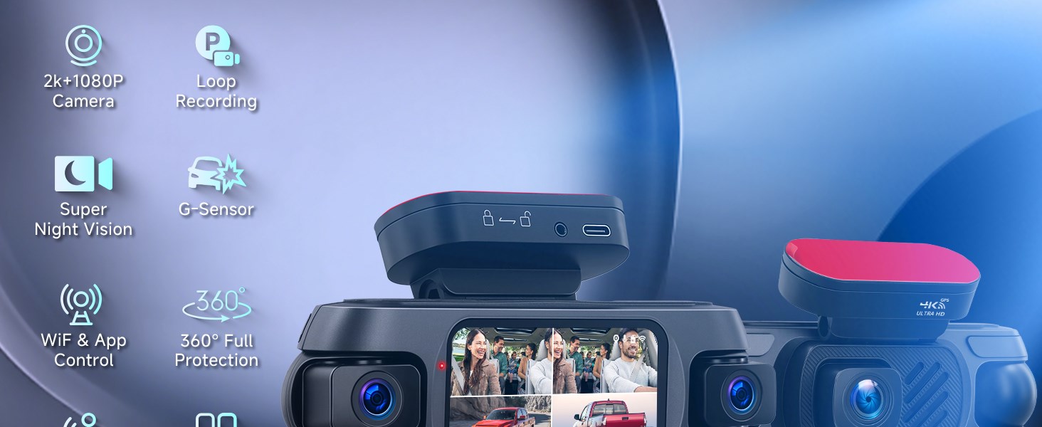 Відеореєстратор 4K WiFi Voller 360°, Автомобільна камера з GPS, Park Mode, Нічним баченням та G-сенсором. Комплект з камерою заднього виду.
