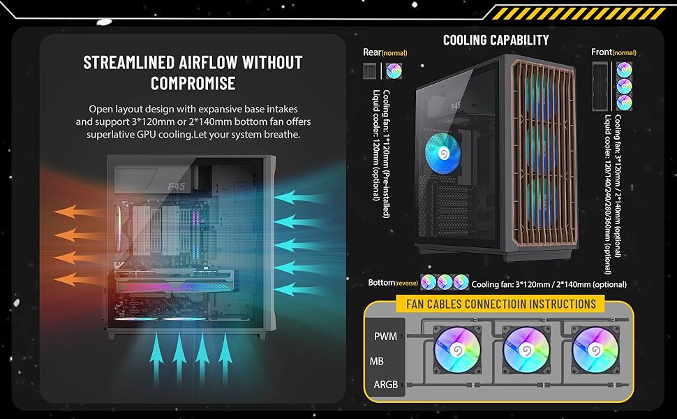 Корпус ПК GAMEMAX F45 Mid-Tower чорного кольору з дерев'яним декором, 4x ARGB PWM вентилятори, сумісний з BTF материнськими платами, скляна бічна панель, для геймінгу