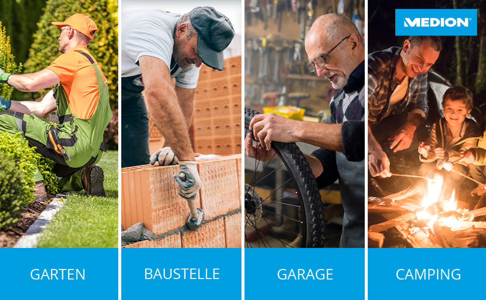 Радіоприймач Medion E66877 DAB+ Baustellenradio: Bluetooth 5.0, DAB+, FM, LED-ліхтар, акумулятор/мережа, водонепроникний (IP44), синій