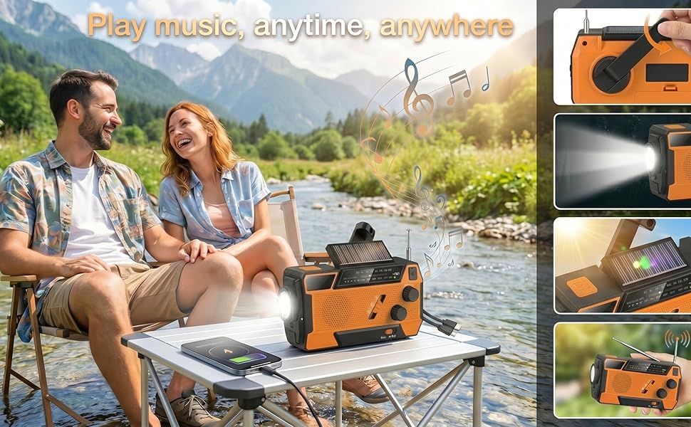 Радіо на батарейках/сонячній енергії з ручним генератором, Power Bank 2000mAh, AM/FM, SOS-сигнал, ліхтарик для кемпінгу та дому
