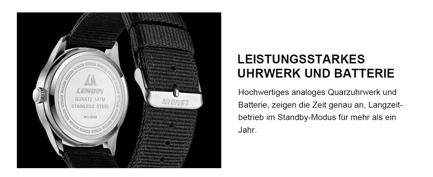 Чоловічий годинник LN LENQIN: аналоговий кварцовий годинник з нейлоновим ремінцем, 30M водостійкість, з датою (чорний, срібний, чорний)