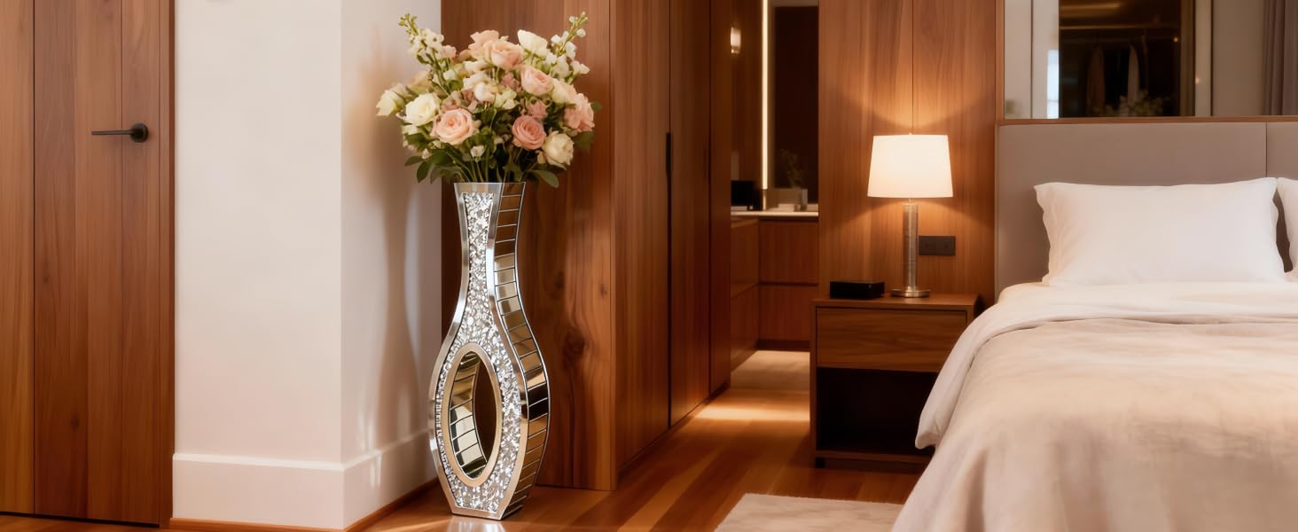 Ваза для квітів напольна 68 см, срібна ваза з кристалом для пампас трави, скляна ваза з дзеркальними діамантами, декоративна розкішна блискуча ваза для вітальні, декор інтер'єру – не для води (13L x 12.5B x 76.5H cm)