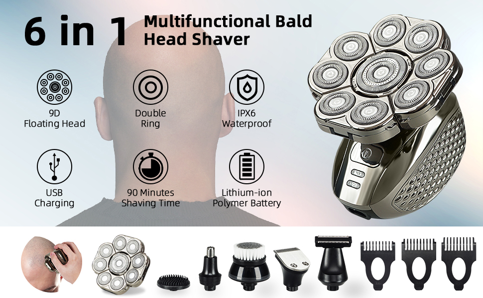 Електричний гоління для чоловіків Glatzen, IPX7 водонепроникний, 9D гнучкий плаваючий головний блок, для мокрого та сухого гоління, LED-дисплей, 120 хвилин роботи від акумулятора, 6-в-1 набір для догляду (9D)